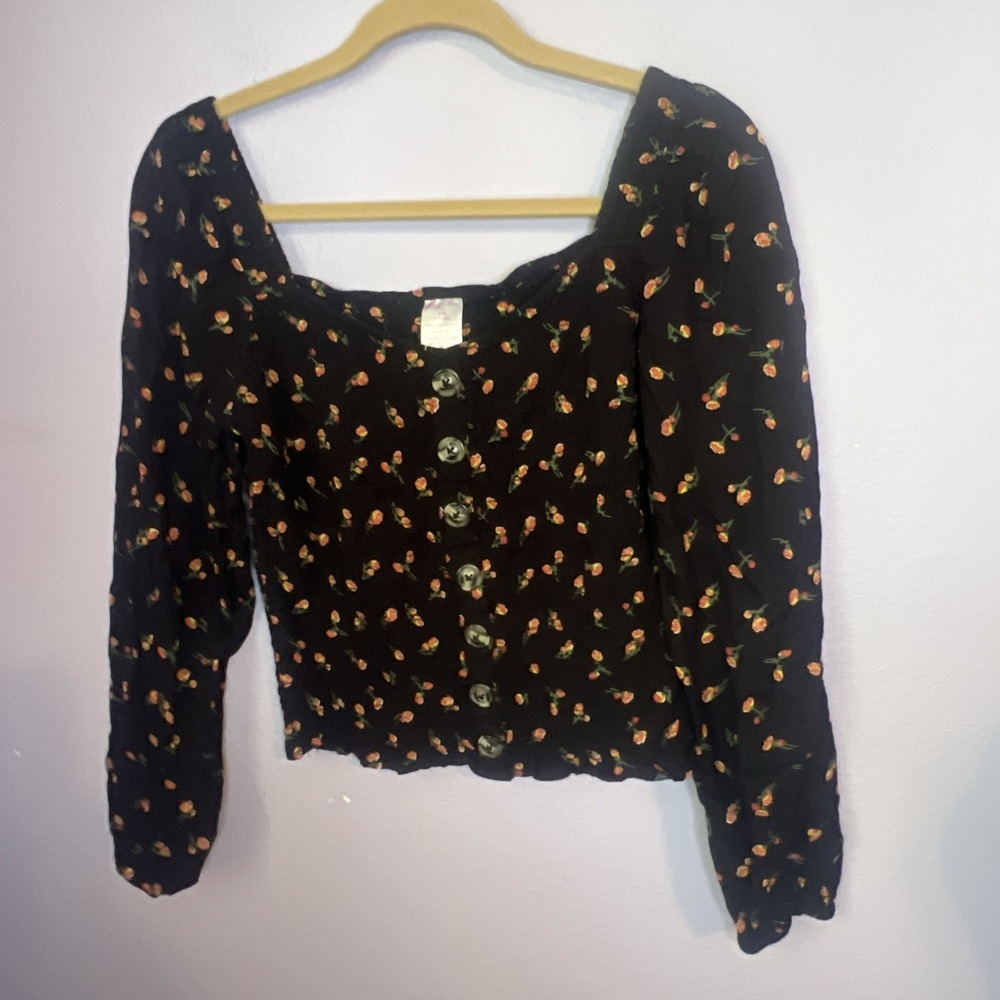 No Boundaries Black Floral Milkmaid Smocked Peasant Top Blouse Size Large 11-13
